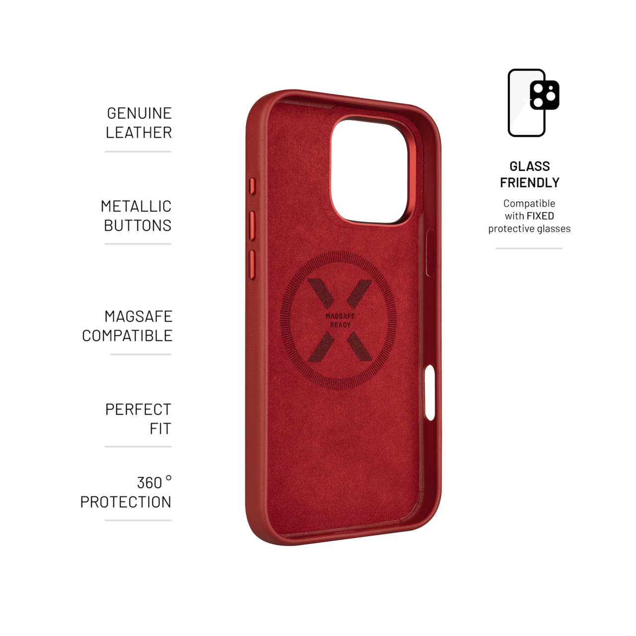 FIXED Kožený zadní kryt MagLeather s podporou MagSafe pro Apple iPhone 16 Pro Max, červený