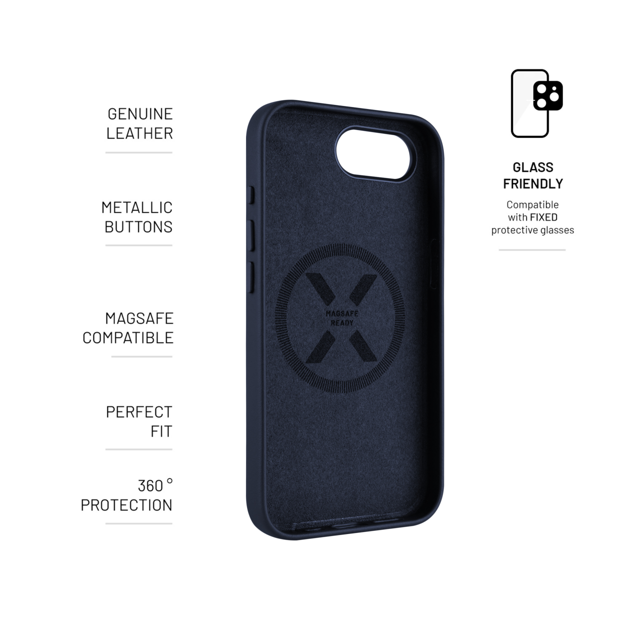 FIXED Kožený zadní kryt MagLeather s podporou MagSafe pro Apple iPhone 16e / iPhone 17e, modrý