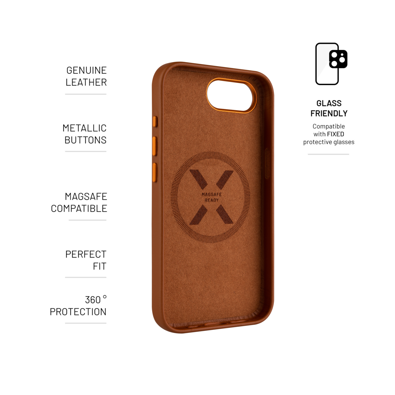 FIXED Kožený zadní kryt MagLeather s podporou MagSafe pro Apple iPhone 16e / iPhone 17e, hnědý