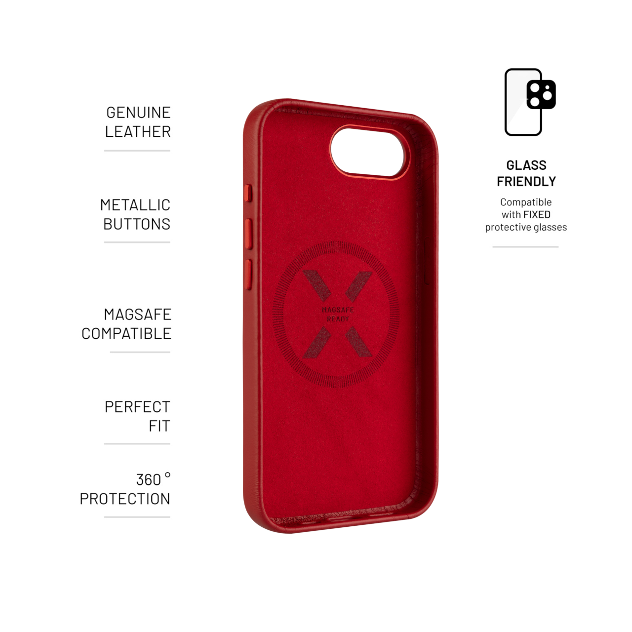 FIXED Kožený zadní kryt MagLeather s podporou MagSafe pro Apple iPhone 16e / iPhone 17e, červený