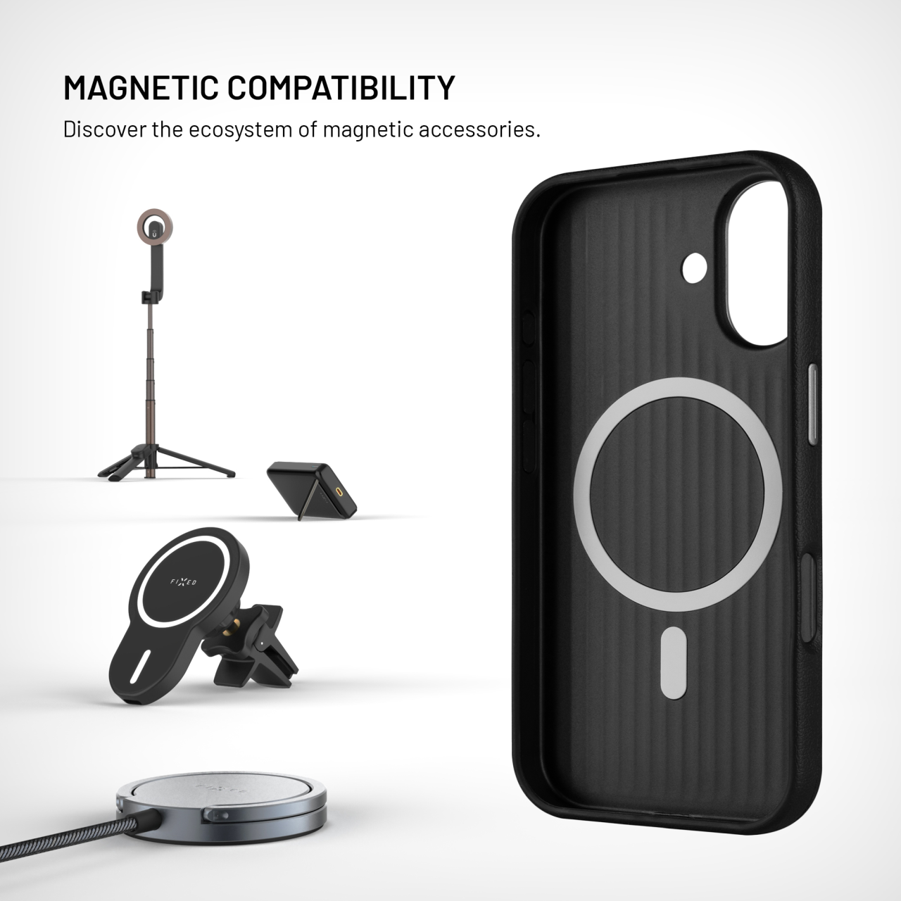 Kryt FIXED MagLeather pro Apple iPhone 17, z veganské kůže s podporou MagSafe, černý