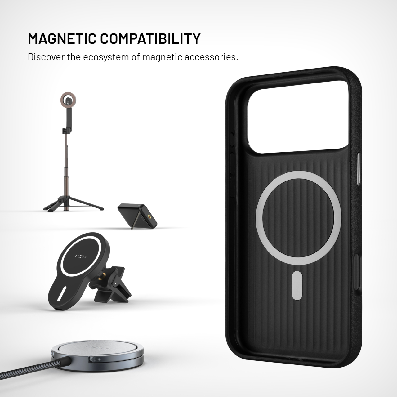 Kryt FIXED MagLeather pro Apple iPhone 17 Pro Max, z veganské kůže s podporou MagSafe, černý