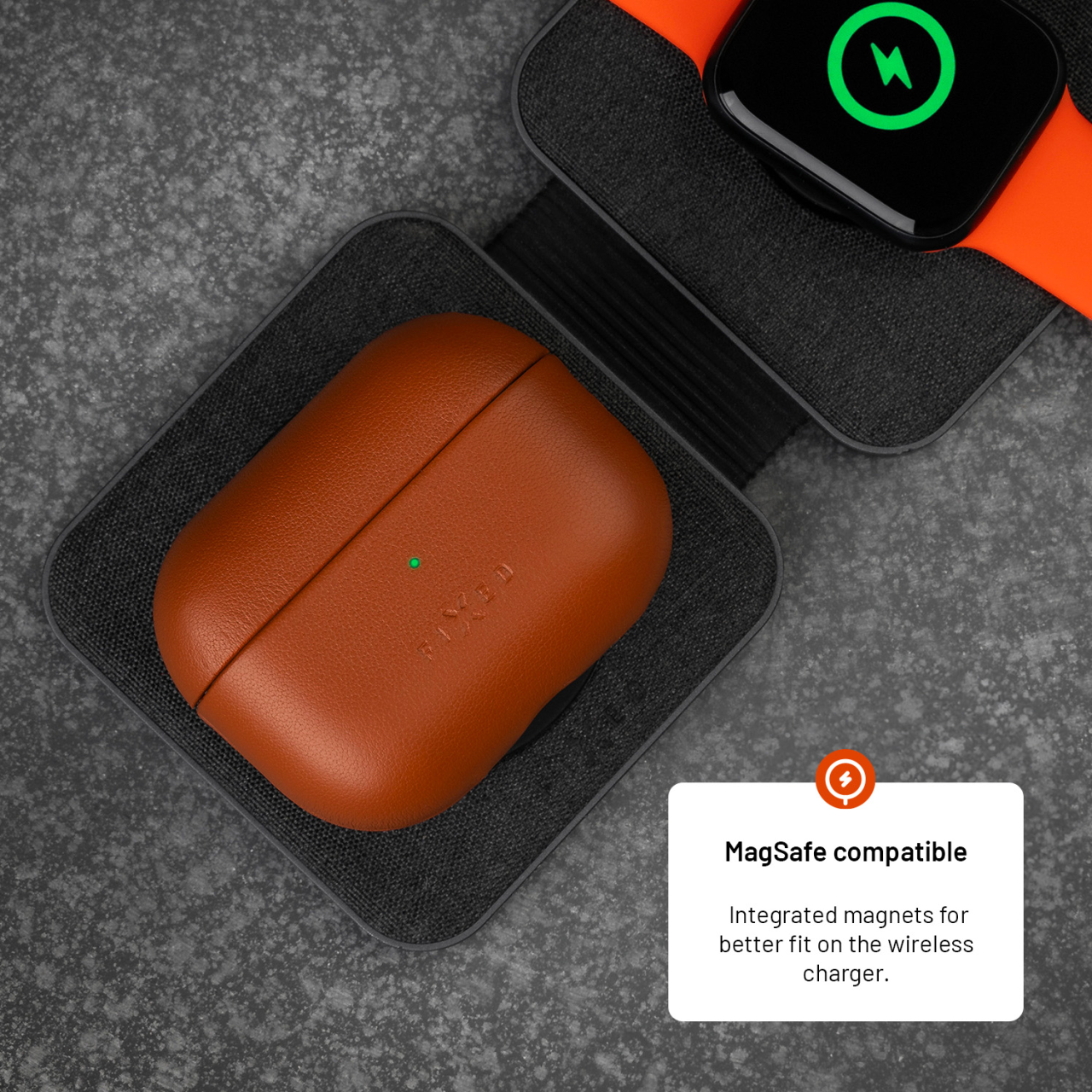 FIXED Kožené pouzdro PodsLeather s podporou MagSafe pro Apple AirPods Pro 2/Pro 2 (USB-C), hnědé