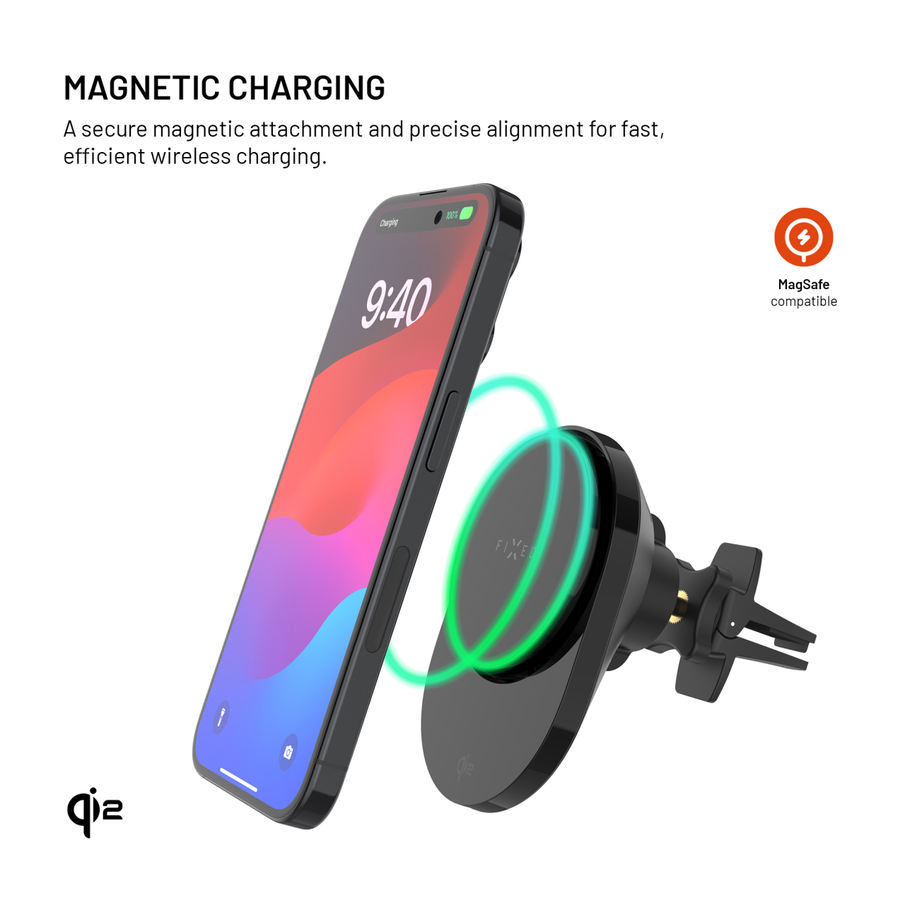Držák do auta s bezdrátovým nabíjením FIXED MagAir s podporou uchycení MagSafe a standardem Qi2, 15W, černý