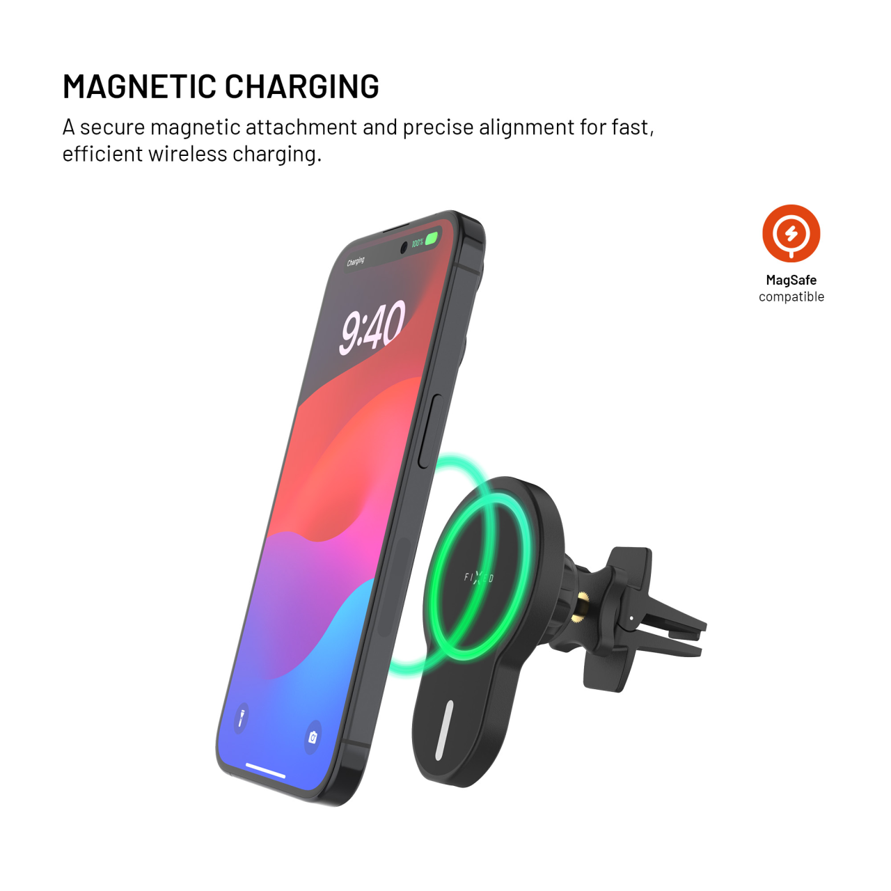 FIXED Držák s bezdrátovým nabíjením MagClick s podporou uchycení MagSafe, 15W, černý