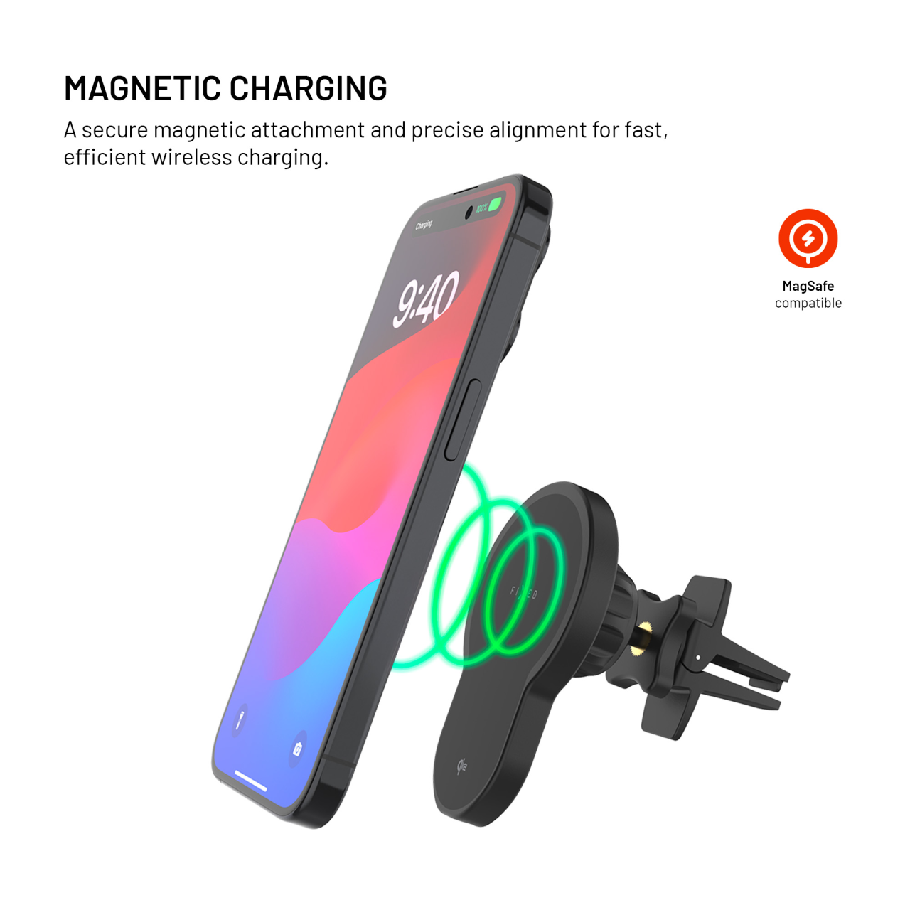 Držák s bezdrátovým nabíjením FIXED MagClick 2 s podporou MagSafe, 15W, Qi2, černý