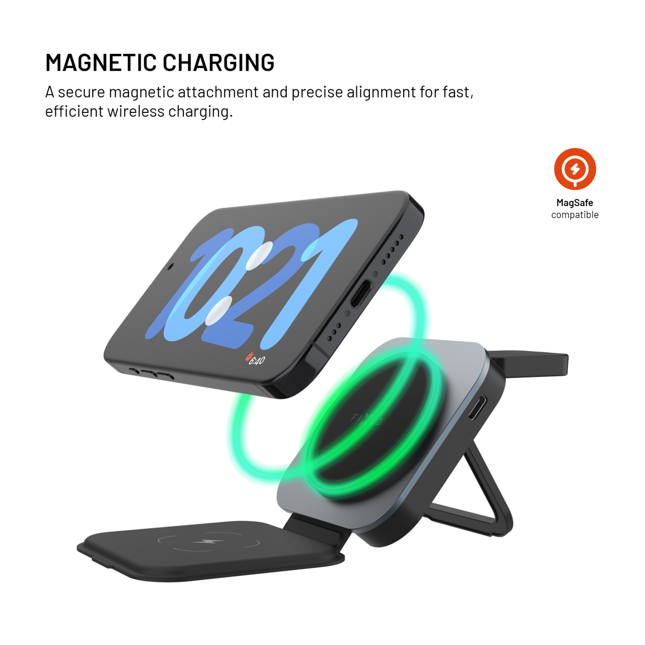 Skládací magnetický bezdrátový nabíjecí stojan 3v1 FIXED MagFlex Alu, 15W+2.5W+3.5W, šedý