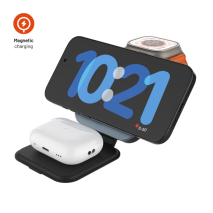 Skládací magnetický bezdrátový nabíjecí stojan 3v1 FIXED MagFlex Alu, 15W+2.5W+3.5W, šedý