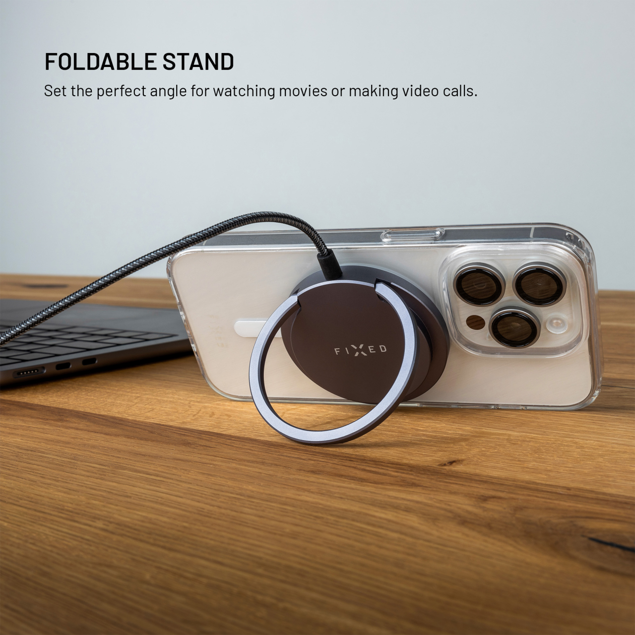Bezdrátová nabíječka FIXED MagPad Pro s Qi2, podporou MagSafe a stojánkem, 15W, šedá