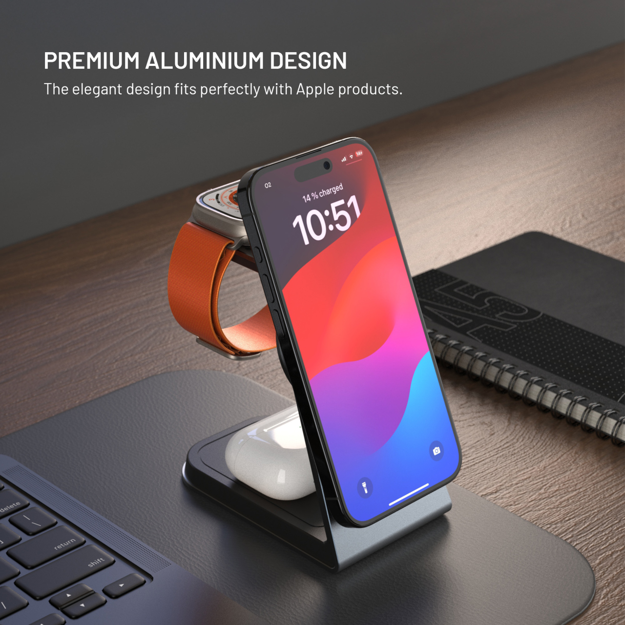 Stojánek s bezdrátovým nabíjením 3v1 MagPowerstation ALU s podporou uchycení MagSafe, 15W+3.5W+2.5W - Fixed, space gray