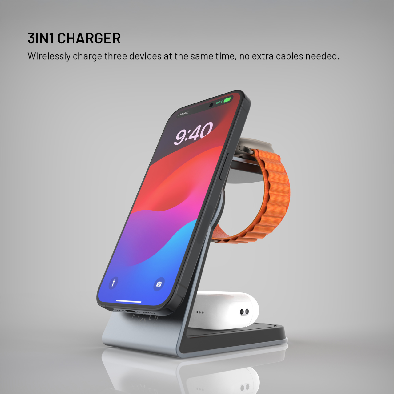 FIXED Stojánek s bezdrátovým nabíjením 3v1 MagPowerstation ALU s podporou uchycení MagSafe, 15W+3.5W+2.5W, space gray
