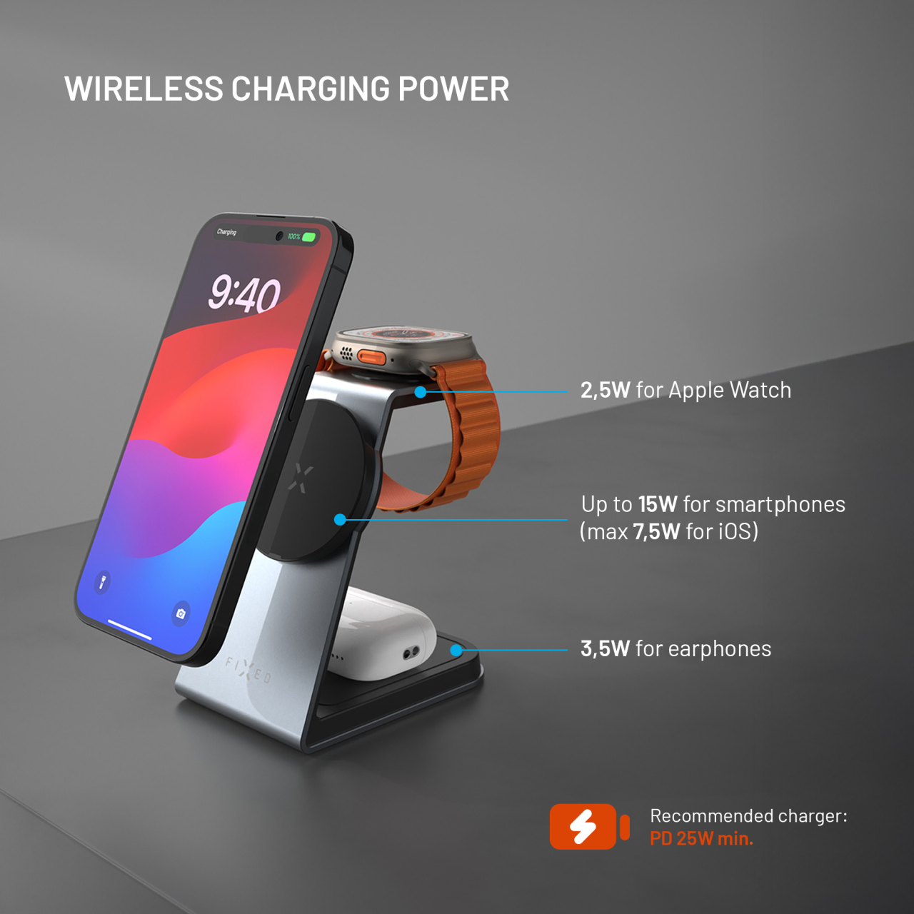 FIXED Stojánek s bezdrátovým nabíjením 3v1 MagPowerstation ALU s podporou uchycení MagSafe, 15W+3.5W+2.5W, space gray