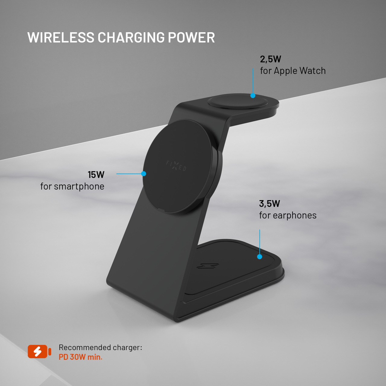 Stojánek s bezdrátovým nabíjením 3v1 FIXED MagPowerstation Alu 2 s podporou MagSafe, 15W+3.5W+2.5W, Qi2, černý