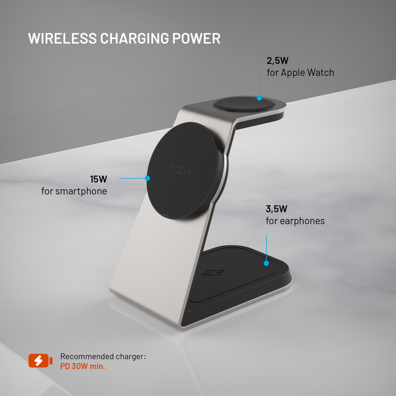 Stojánek s bezdrátovým nabíjením 3v1 FIXED MagPowerstation Alu 2 s podporou MagSafe, 15W+3.5W+2.5W, Qi2, titanový