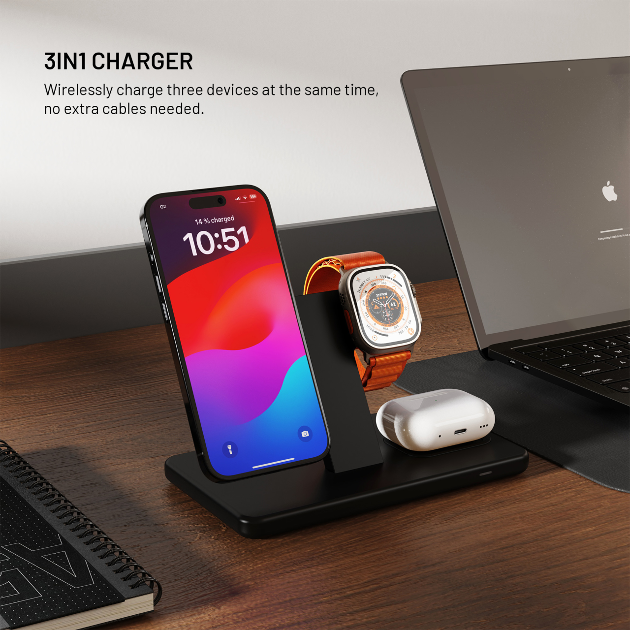 FIXED Stojánek s bezdrátovým nabíjením 3v1 MagPowerstation s podporou uchycení MagSafe, 15W+15W+5W,  černý