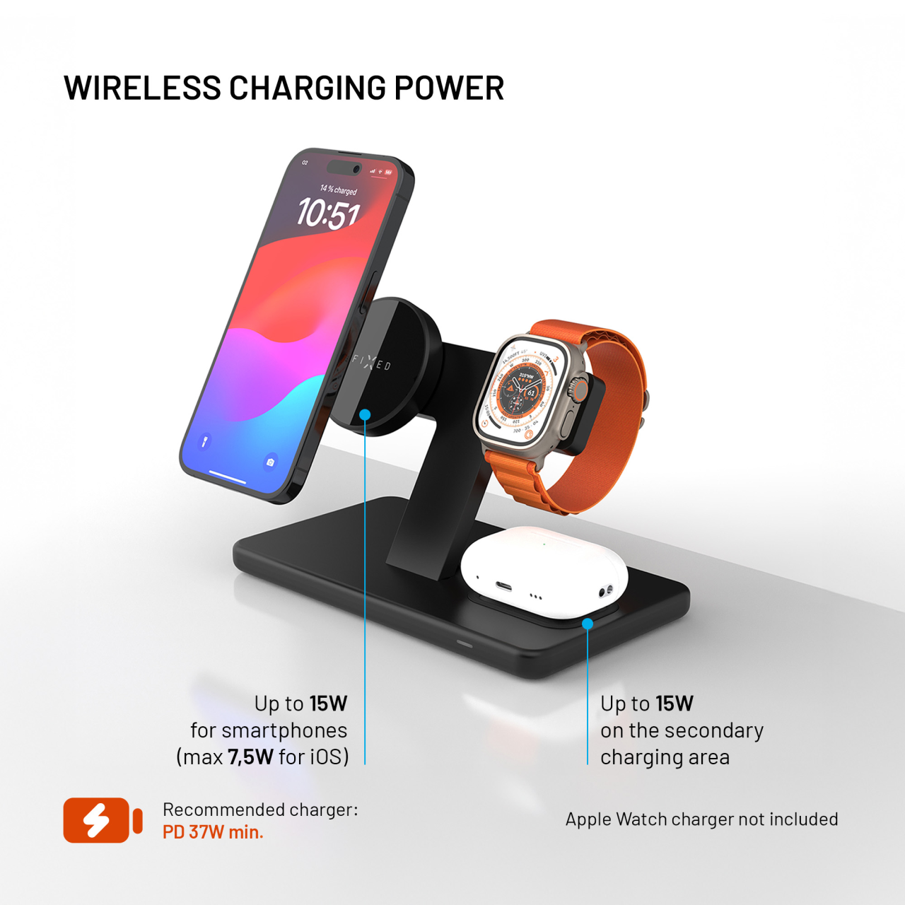 FIXED Stojánek s bezdrátovým nabíjením 3v1 MagPowerstation s podporou uchycení MagSafe, 15W+15W+5W,  černý
