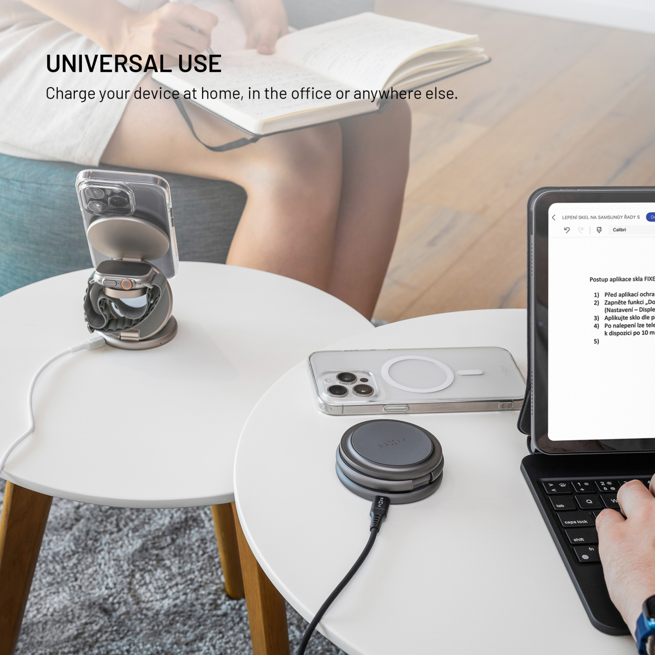 Bezdrátová skládací nabíječka 3v1 MagPowerstation Round s podporou MagSafe, 15W+5W+5W - Fixed, šedá