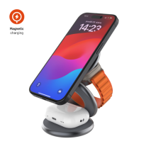 FIXED Bezdrátová skládací nabíječka 3v1 MagPowerstation Round s podporou MagSafe, 15W+5W+5W, šedá