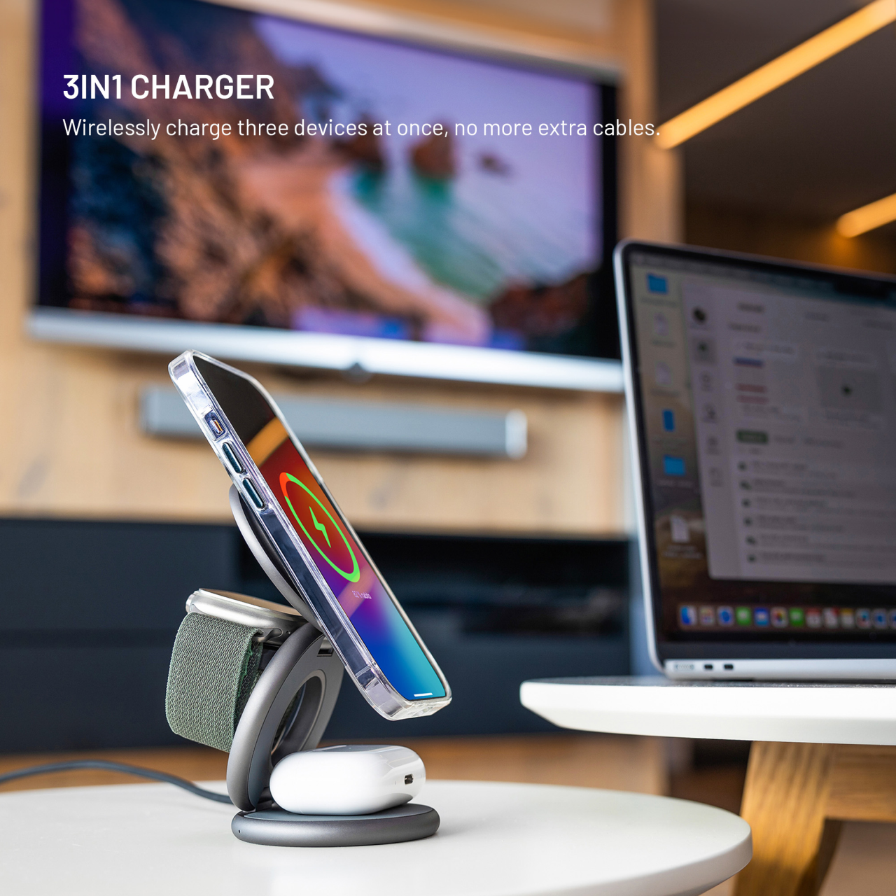 Bezdrátová skládací nabíječka 3v1 MagPowerstation Round s podporou MagSafe, 15W+5W+5W - Fixed, šedá