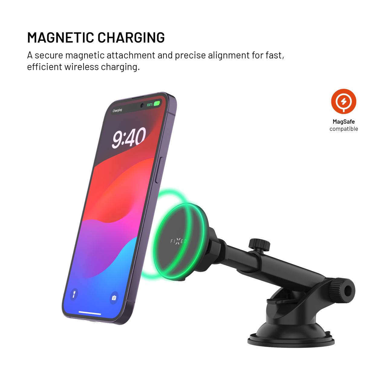 Držák s bezdrátovým nabíjením FIXED MagRound 2 XL na sklo nebo palubní desku, podpora MagSafe, 15W, Qi2, černý