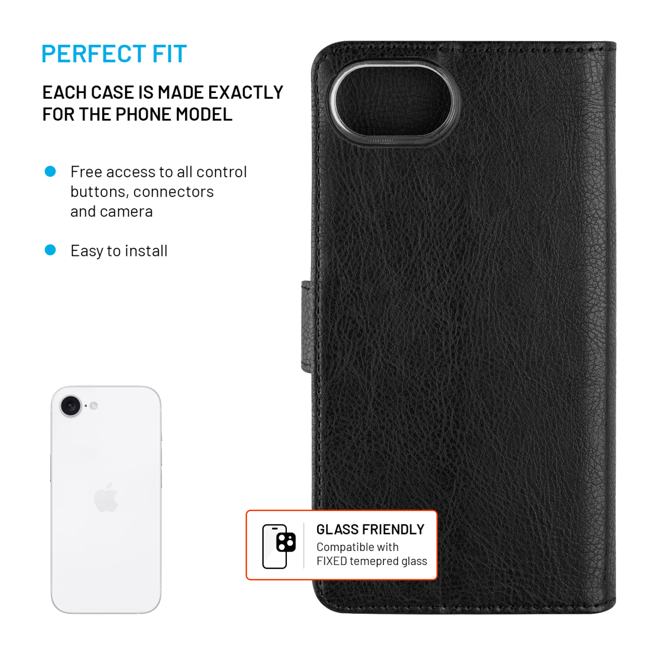 FIXED Pouzdro typu kniha Opus pro Apple iPhone 16e / iPhone 17e, černé