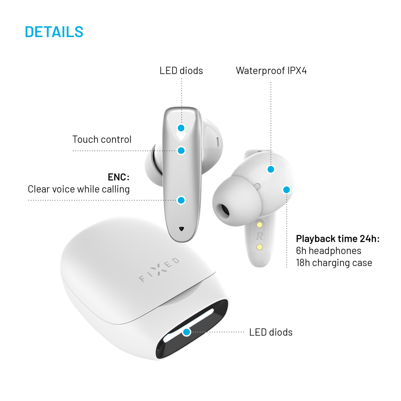 FIXED Bezdrátová herní TWS sluchátka Game Pods s radiofrekvenčním připojením, bílá