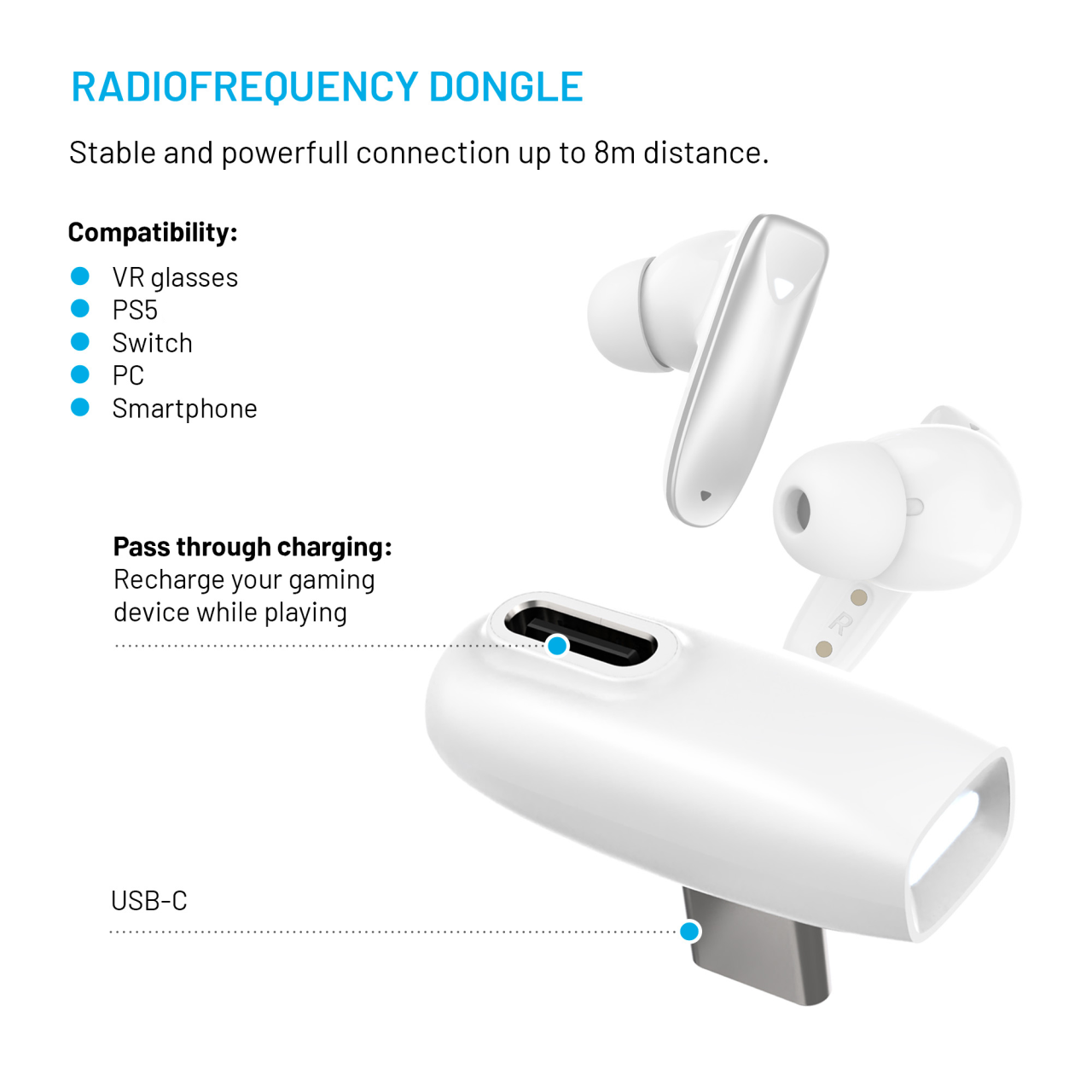 FIXED Bezdrátová herní TWS sluchátka Game Pods s radiofrekvenčním připojením, bílá
