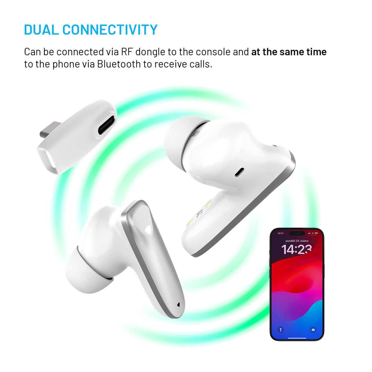 FIXED Bezdrátová herní TWS sluchátka Game Pods s radiofrekvenčním připojením, bílá