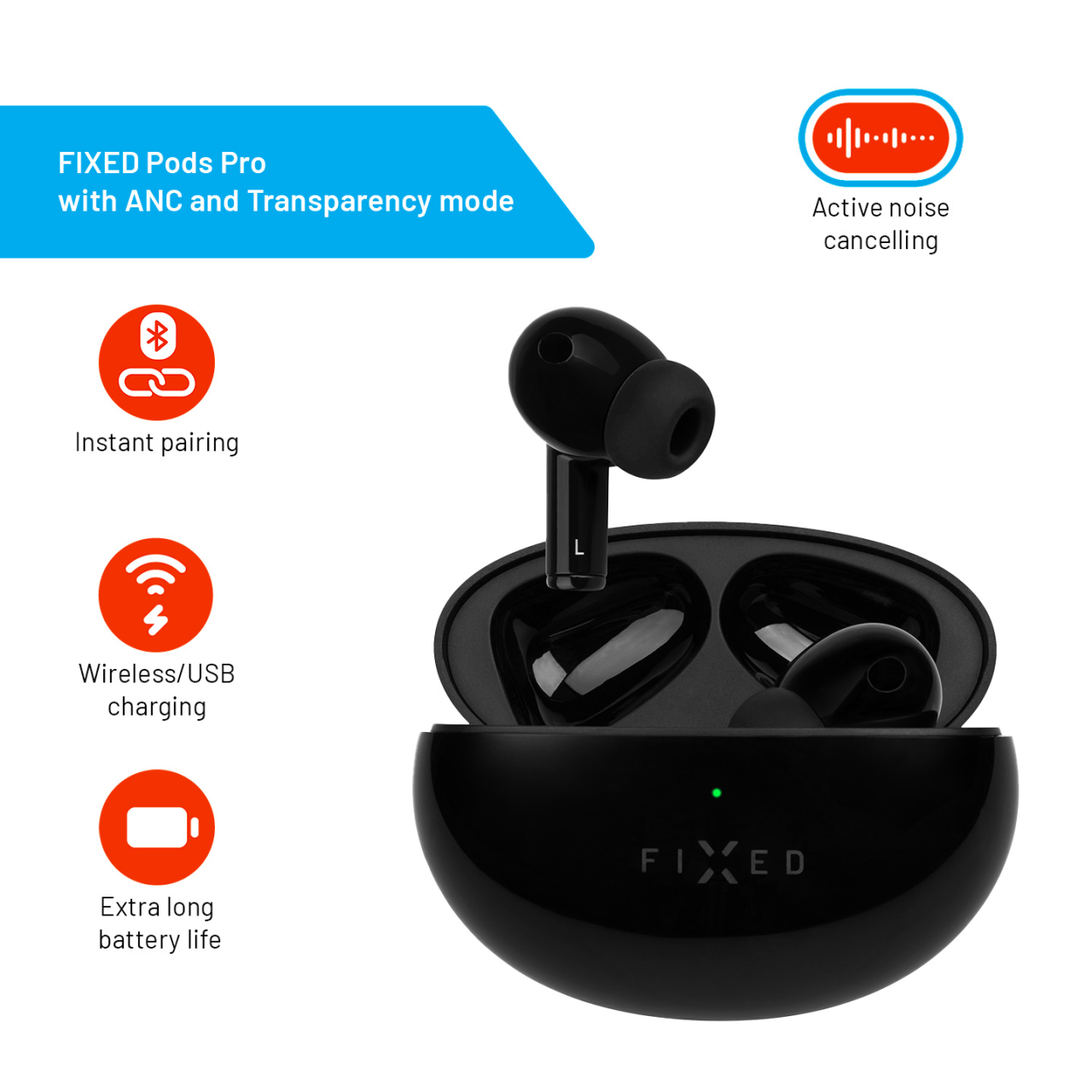 FIXED Bezdrátová TWS sluchátka Pods Pro s ANC a bezdrátovým nabíjením, černá