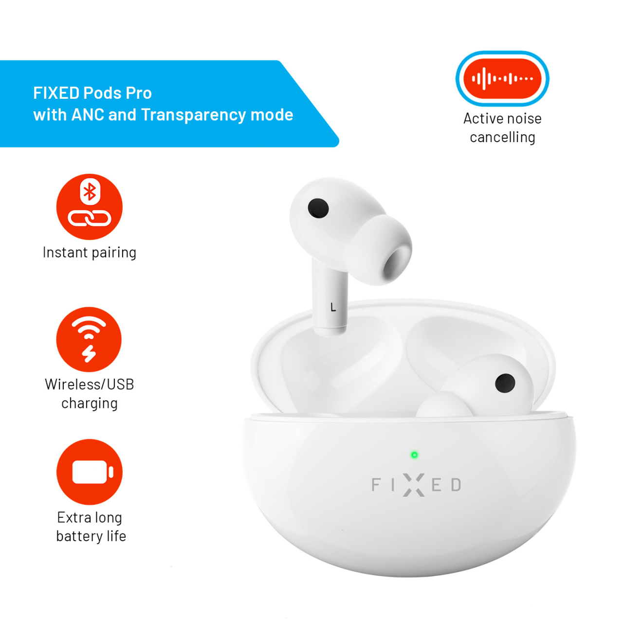 FIXED Bezdrátová TWS sluchátka Pods Pro s ANC a bezdrátovým nabíjením, bílá