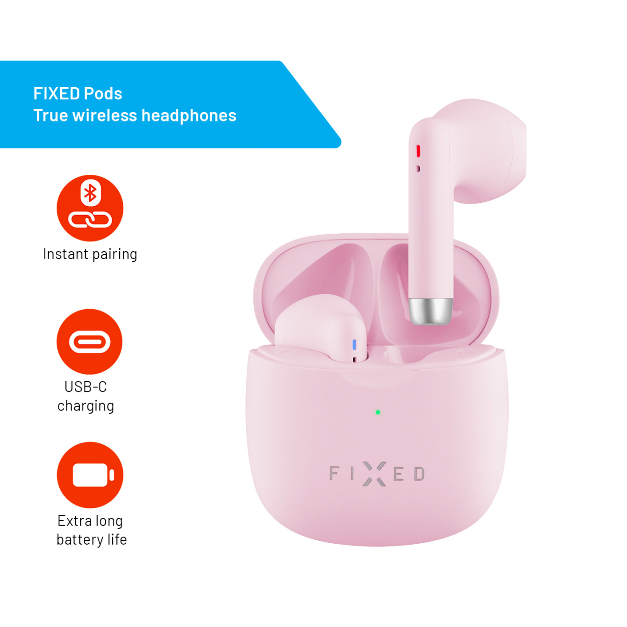 FIXED Bezdrátová TWS sluchátka Pods, růžová
