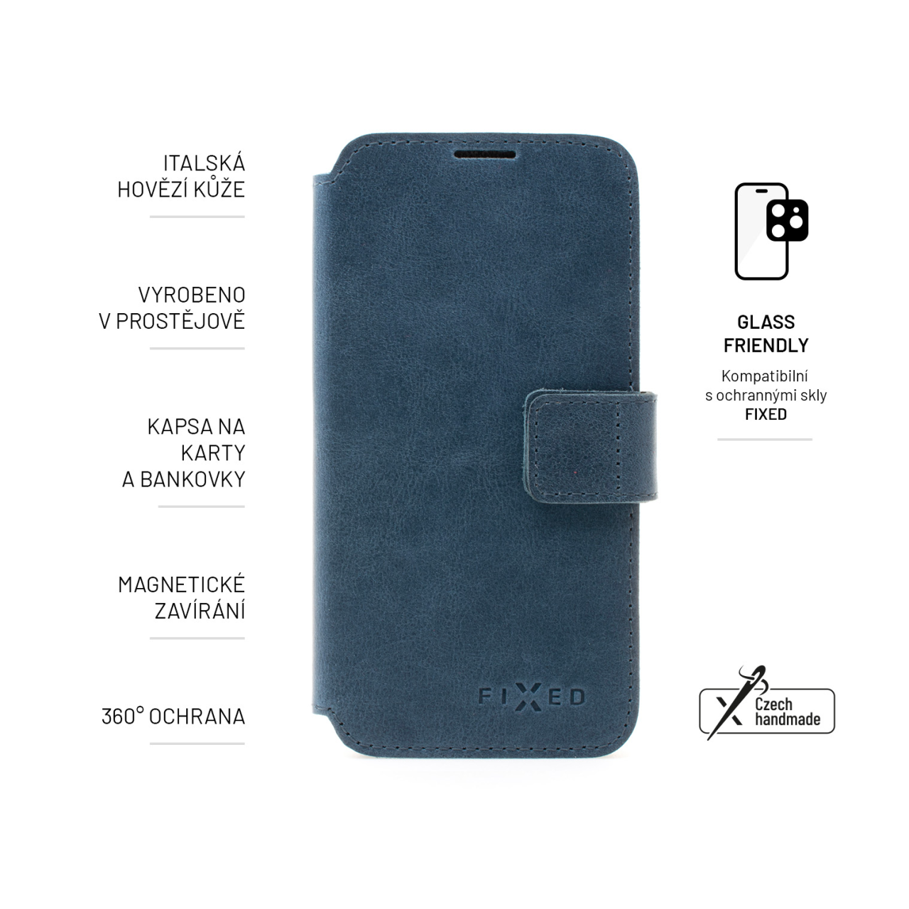 FIXED Kožené pouzdro typu kniha ProFit pro Apple iPhone 15 Plus, modré