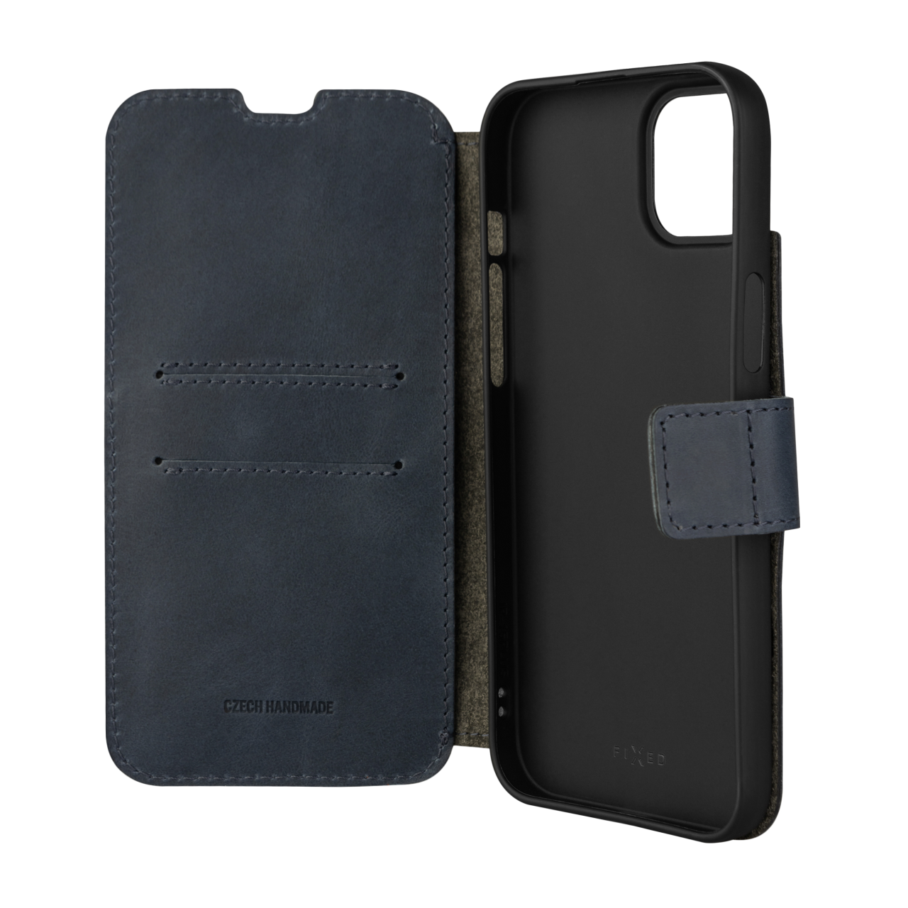 FIXED Kožené pouzdro typu kniha ProFit pro Apple iPhone 15 Plus, modré