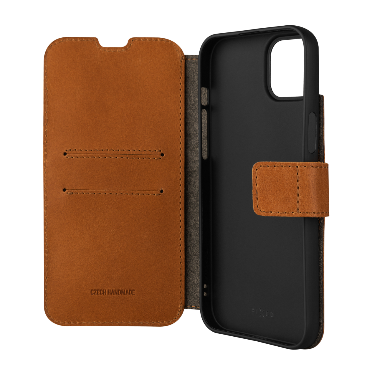 FIXED Kožené pouzdro typu kniha ProFit pro Apple iPhone 15 Plus, hnědé