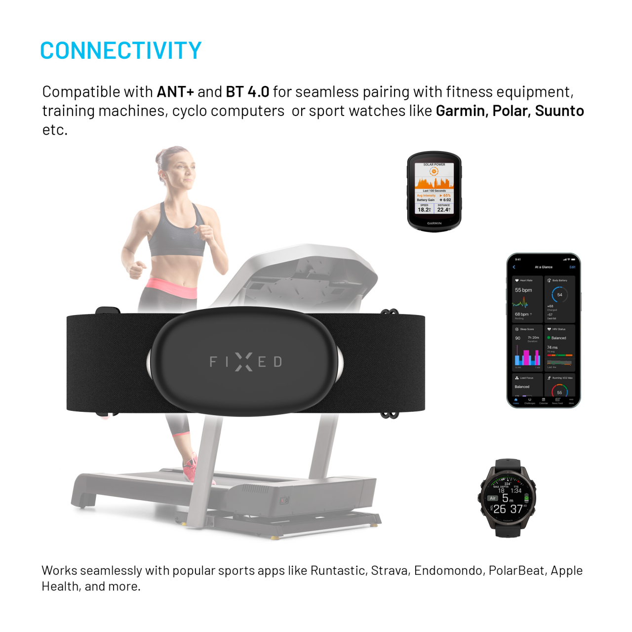 FIXED Hrudní pás s měřením srdečního tepu Pulse Dual, HR+HRV měření, černý