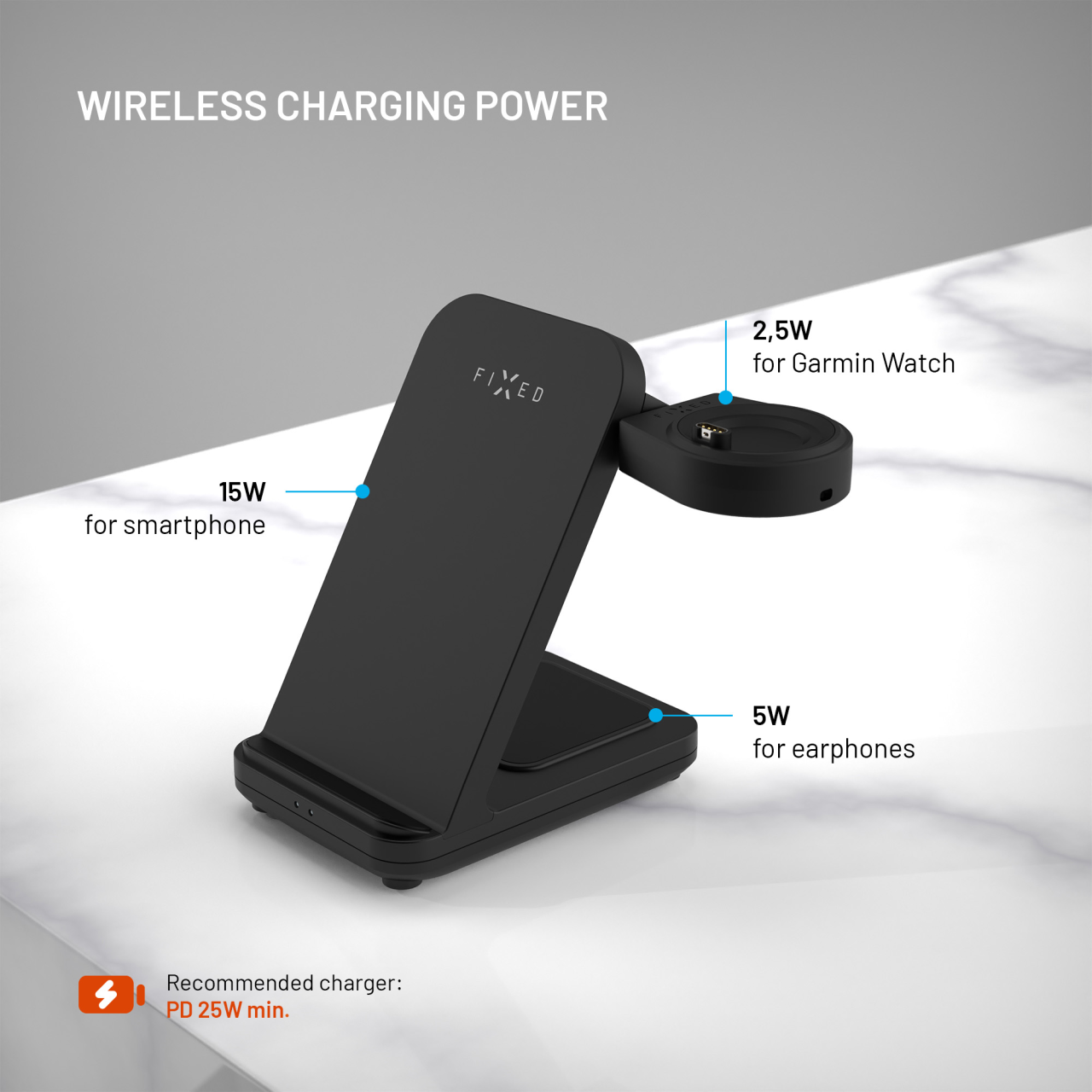 Stojánek FIXED Powerstation pro Garmin s bezdrátovým nabíjením až pro 3 zařízení, 15W+5W+2.5W, černý