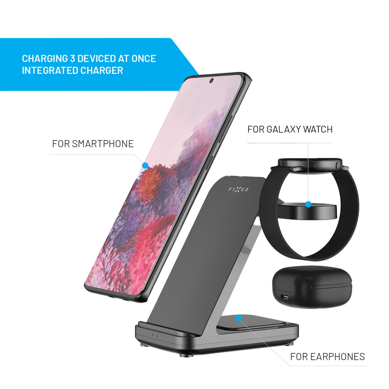 FIXED Stojánek Powerstation pro Samsung s bezdrátovým nabíjením až pro 3 zařízení, 15W+5W+2.5W, černý
