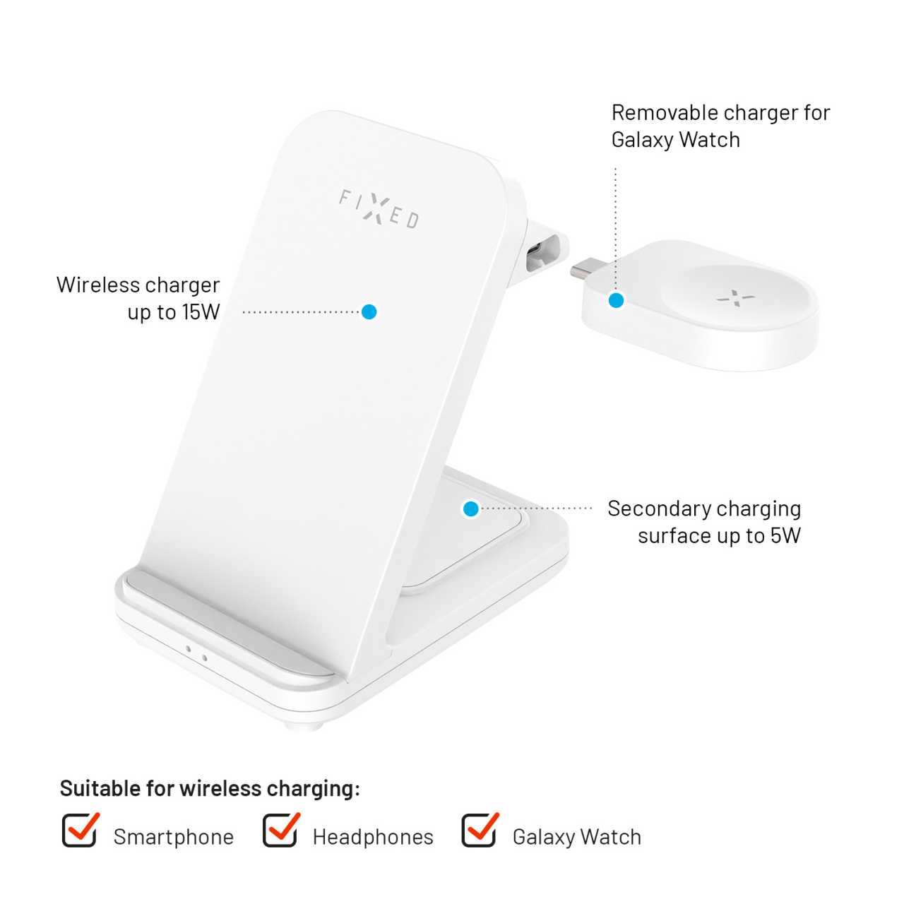 FIXED Stojánek Powerstation pro Samsung s bezdrátovým nabíjením až pro 3 zařízení, 15W+5W+2.5W, bílý
