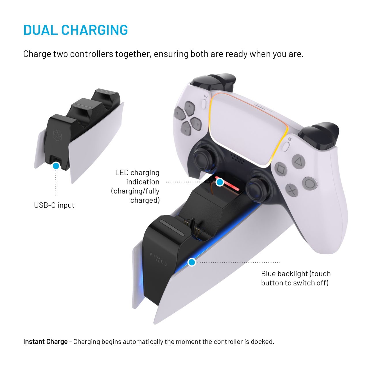 FIXED Dobíjecí stanice pro dva bezdrátové ovladače DualSense PlayStation 5, černo-bílá
