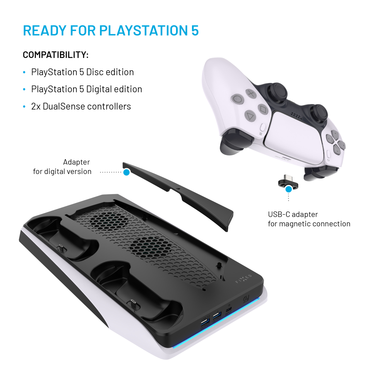 FIXED Multifunkční stanice pro PlayStation 5 s chlazením a nabíjením pro dva ovladače DualSense, černo-bílá