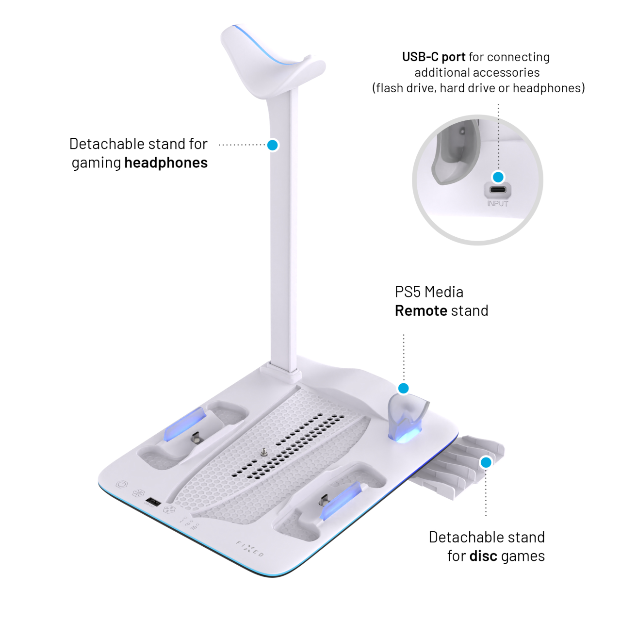 Dokovací stanice FIXED pro PlayStation 5 (Pro/Slim) s větráky a nabíjením pro 2xDualSense, černo-bílá