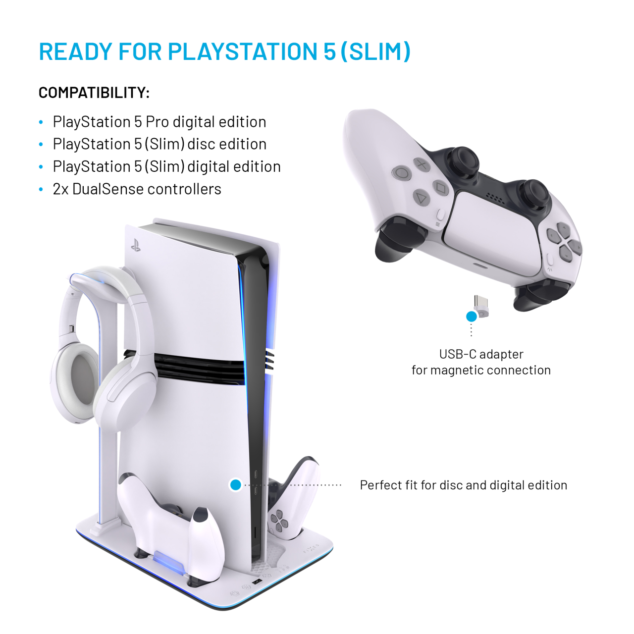 Dokovací stanice FIXED pro PlayStation 5 (Pro/Slim) s větráky a nabíjením pro 2xDualSense, černo-bílá