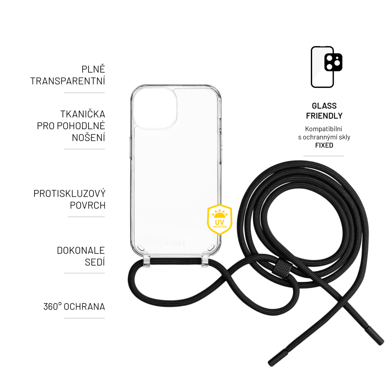 FIXED Pouzdro Pure Neck s černou šňůrkou na krk pro Samsung Galaxy S23+