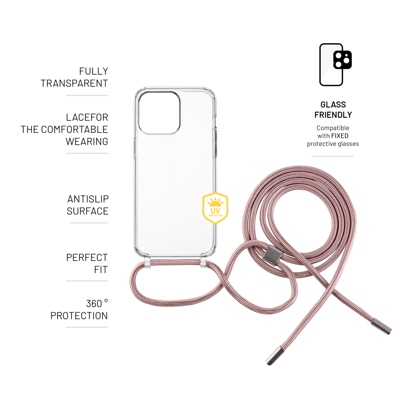 FIXED Pouzdro Pure Neck s růžovou šňůrkou na krk pro Apple iPhone 15 Pro