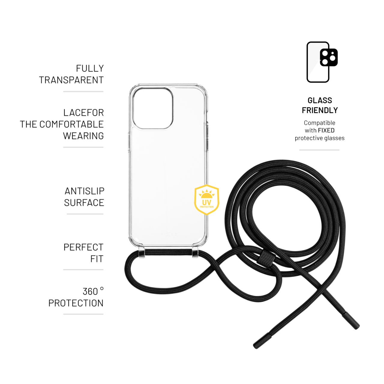 FIXED Pouzdro Pure Neck s černou šňůrkou na krk pro Apple iPhone 15 Pro Max