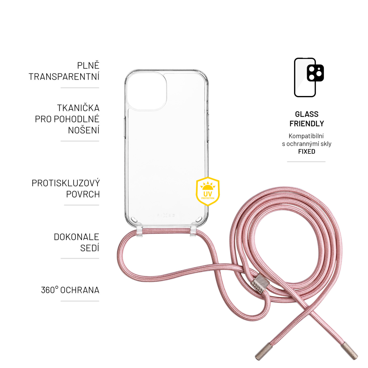 FIXED Pouzdro Pure Neck s růžovou šňůrkou na krk pro Samsung Galaxy A15/A15 5G