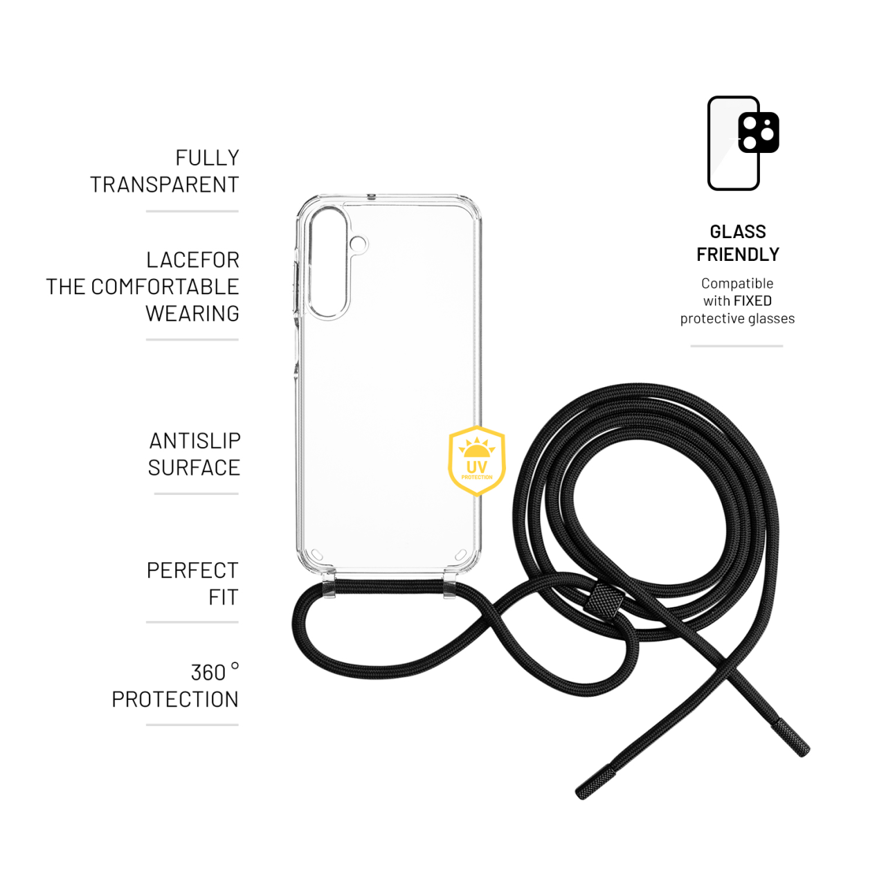 FIXED Pouzdro Pure Neck s černou šňůrkou na krk pro Samsung Galaxy A25 5G