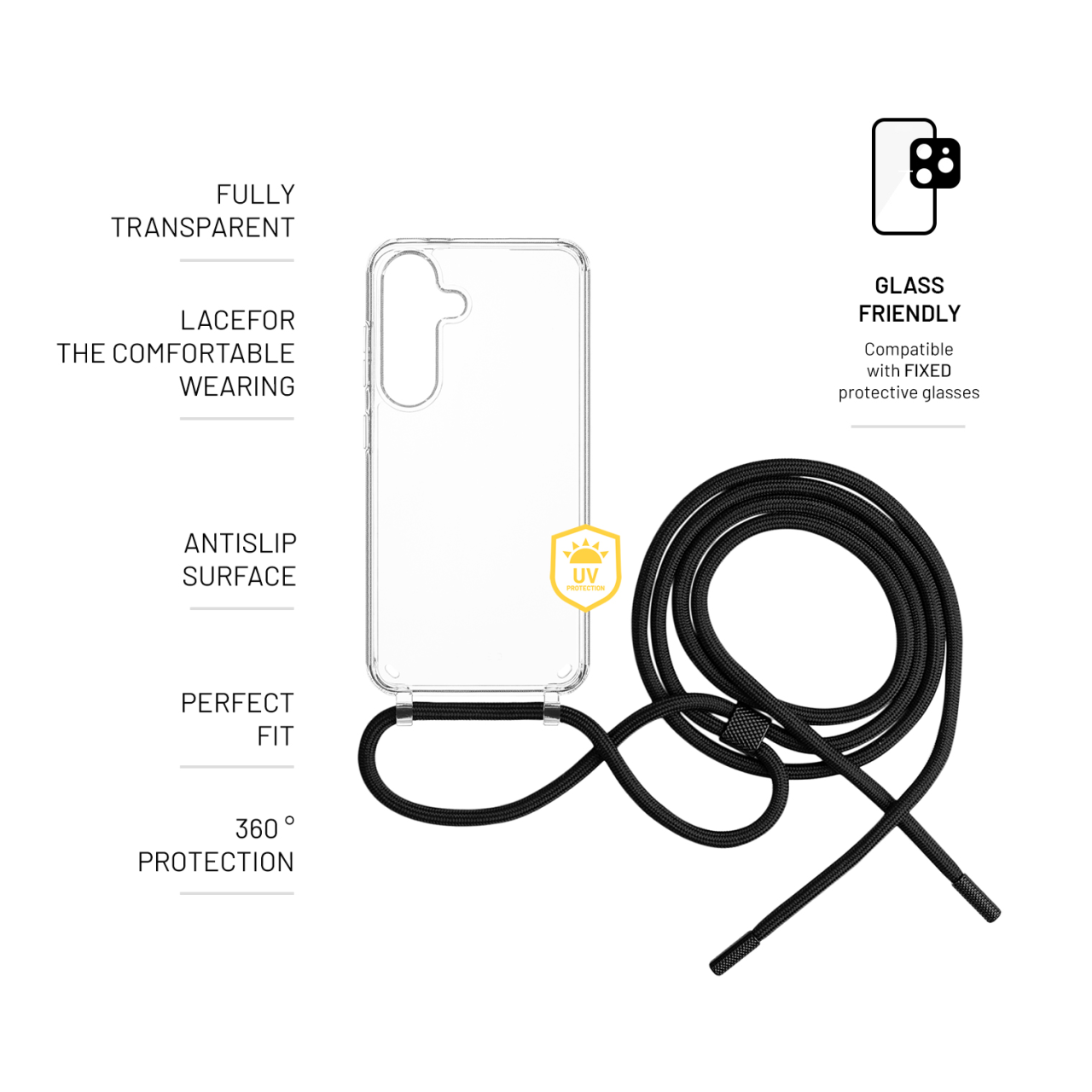 FIXED Zadní kryt Pure Neck s černou šňůrkou na krk pro Samsung Galaxy S25