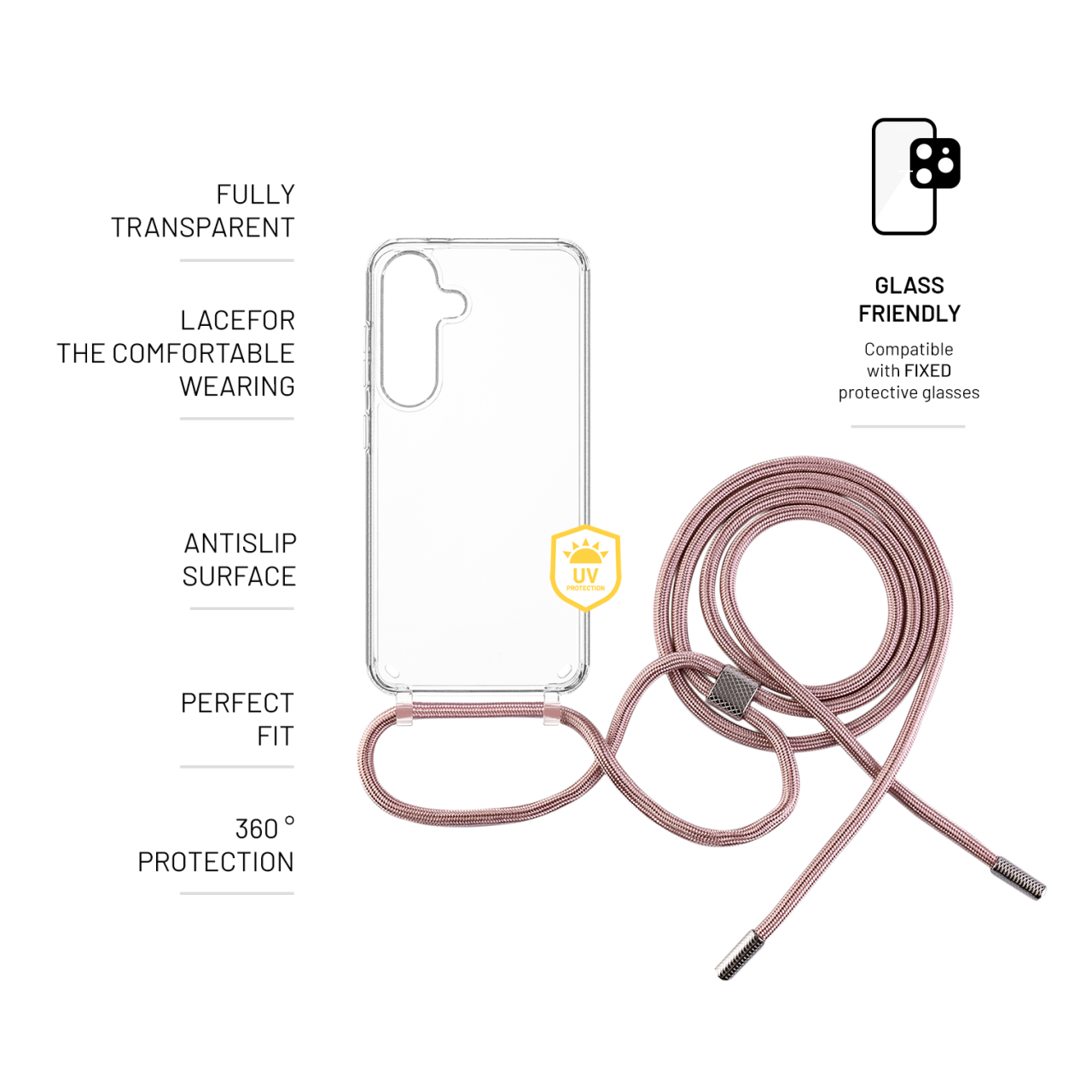 FIXED Zadní kryt Pure Neck s růžovou šňůrkou na krk pro Samsung Galaxy S25