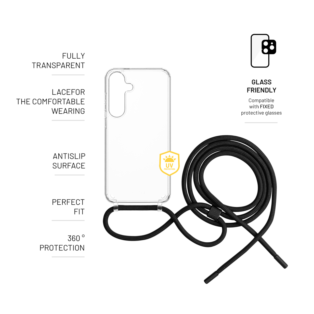 FIXED Zadní kryt Pure Neck s černou šňůrkou na krk pro Samsung Galaxy S25+